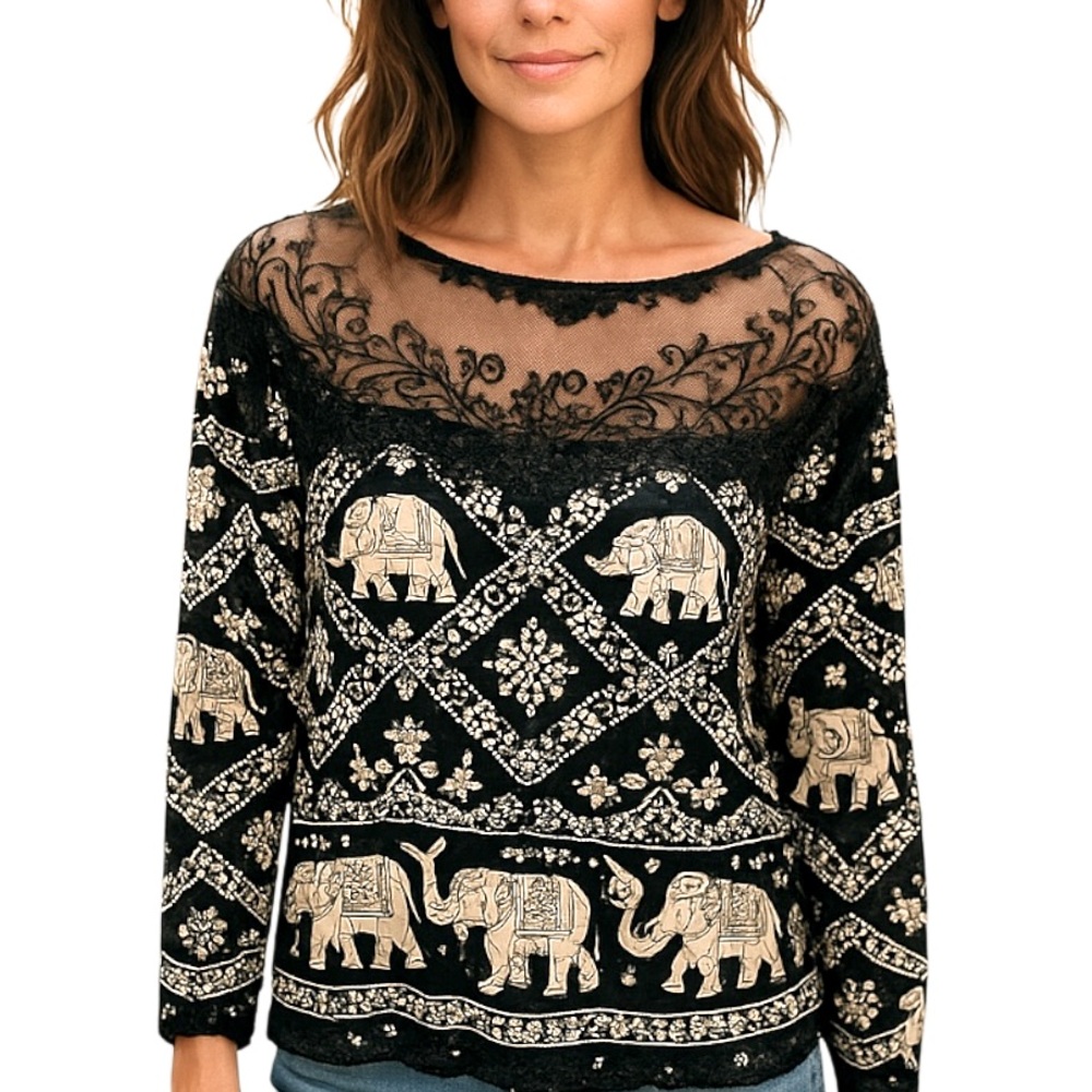 Black White Elephant Print Blouse Embroidered Mesh Womens SZ XXL See Description